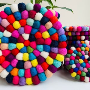 Nepal Handmade Rainbow Wool Felt Ball Mat Coaster Trivets Handmade Home Decor table mat colourful 10CM/ 20CM in Diameter Gifts UK SELLER image 1