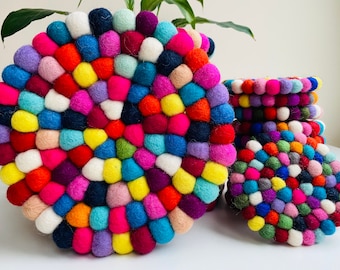 Nepal Handmade Rainbow Wool Felt Ball Mat Coaster Trivets Handmade Home Decor table mat colourful 10CM/ 20CM in Diameter Gifts UK SELLER