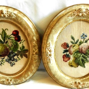 Vintage 50&#39;s Needlepoint Professionally Framed 2 pcs. Oval Frames