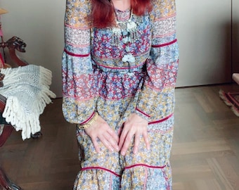 Floral Chiffon Midi Dress, Tiered Prairie Style, Velvet Ribbon