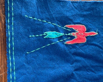 Vintage Wool Scarf, Abstract Bird Embroidery, Kelly Green Edging