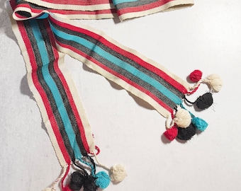 Vintage RIO Woven Wrap Belt, 70s Pom Pom Tie Belt