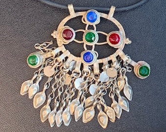 Tribal Statement Necklace, Silver Gilt Paisley Bells, Colorful Cabochons, EVEREST Design