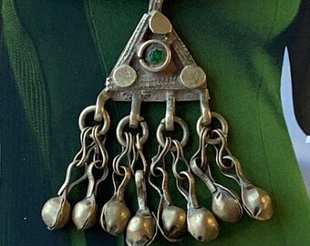 Antique Kuchi Tribal Pendant Necklace, Silver Gilt, Spring Green Cabochon