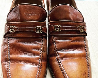 Italian loafers 1960-70's vintage "luggage" brown leather shoes with rare double-G hardware