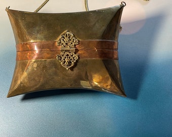 Art Deco Brass Copper Pillow Purse, Blue Silk-Velvet Lining