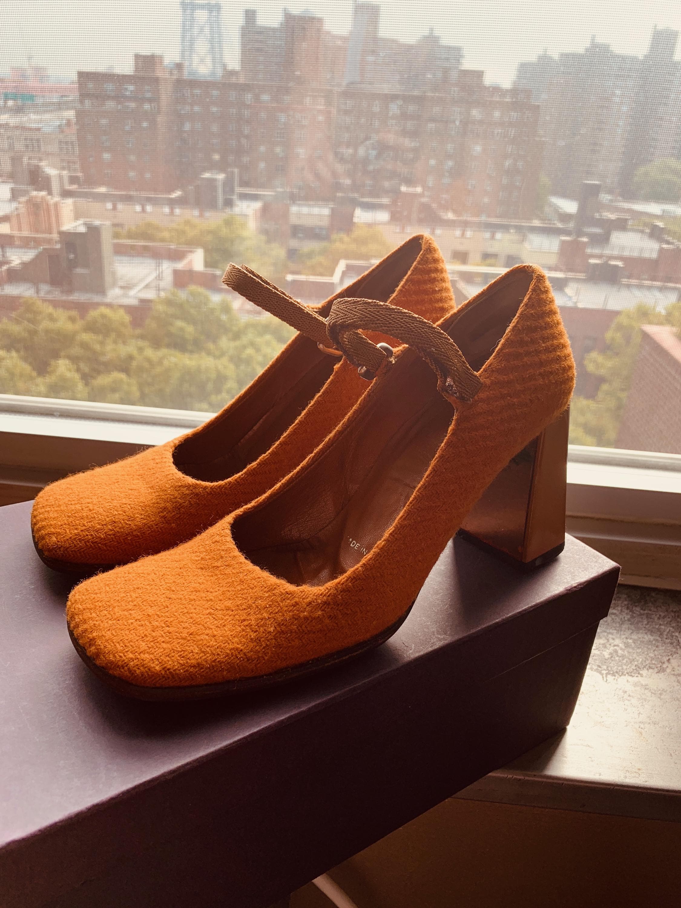 Vintage 1998 Prada Mary Jane Shoes, Shetland Wool, Mirrored Heel