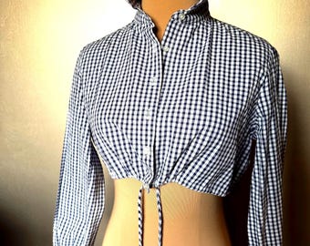 Reclaimed Lisa Marie Fernandez Gingham Poplin Blouse | Blue & White Cropped Tie Front Top | Size II (US Small) | Luxury Resortwear