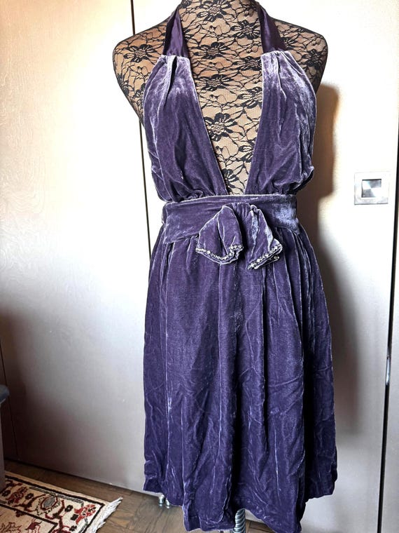 juicy couture halter dress Vintage Crushed Velvet | Lavender | Rhinestone Sash SQUARE NECKLINE