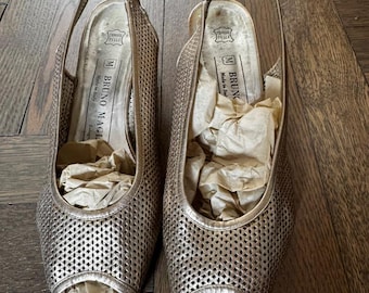 Vintage Bruno Magli Bronze Metallic Heels 36.5 Slingback Peep Toe Perforated Leather Low Wedge Heel Comfortable Walkable Made in Italy