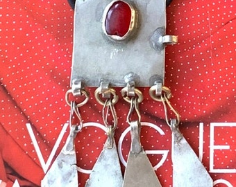 Gilt Sterling Silver Kuchi Pendant Necklace, Scarlet Cabochon, Tribal Fringe