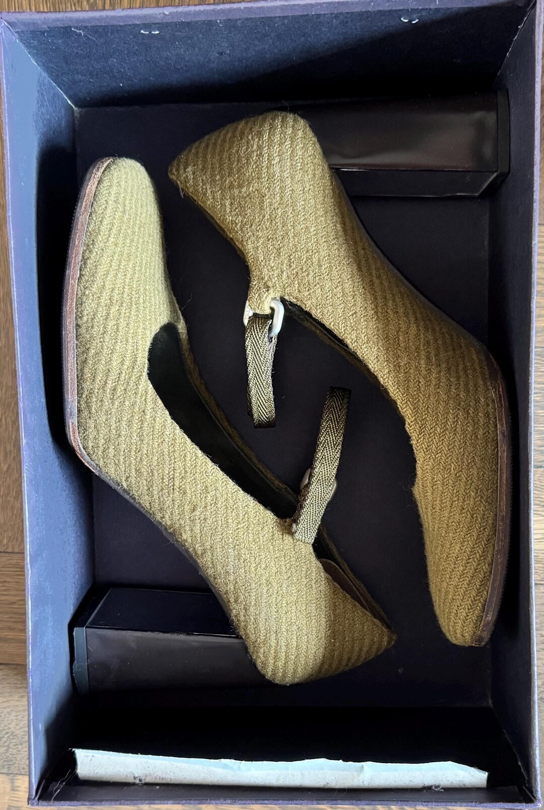 Vintage 1998 Prada Mary Janes, Olive Shetland Wool, Mirrored Heel