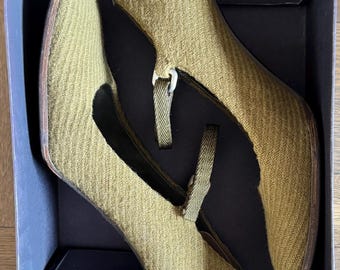 Vintage 1998 Prada Mary Janes, Olive Shetland Wool, Mirrored Heel, Size 7.5