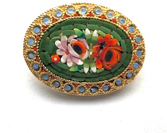 Italian Mosaic Brooch, Floral Glass Pin, Possibly Victorian