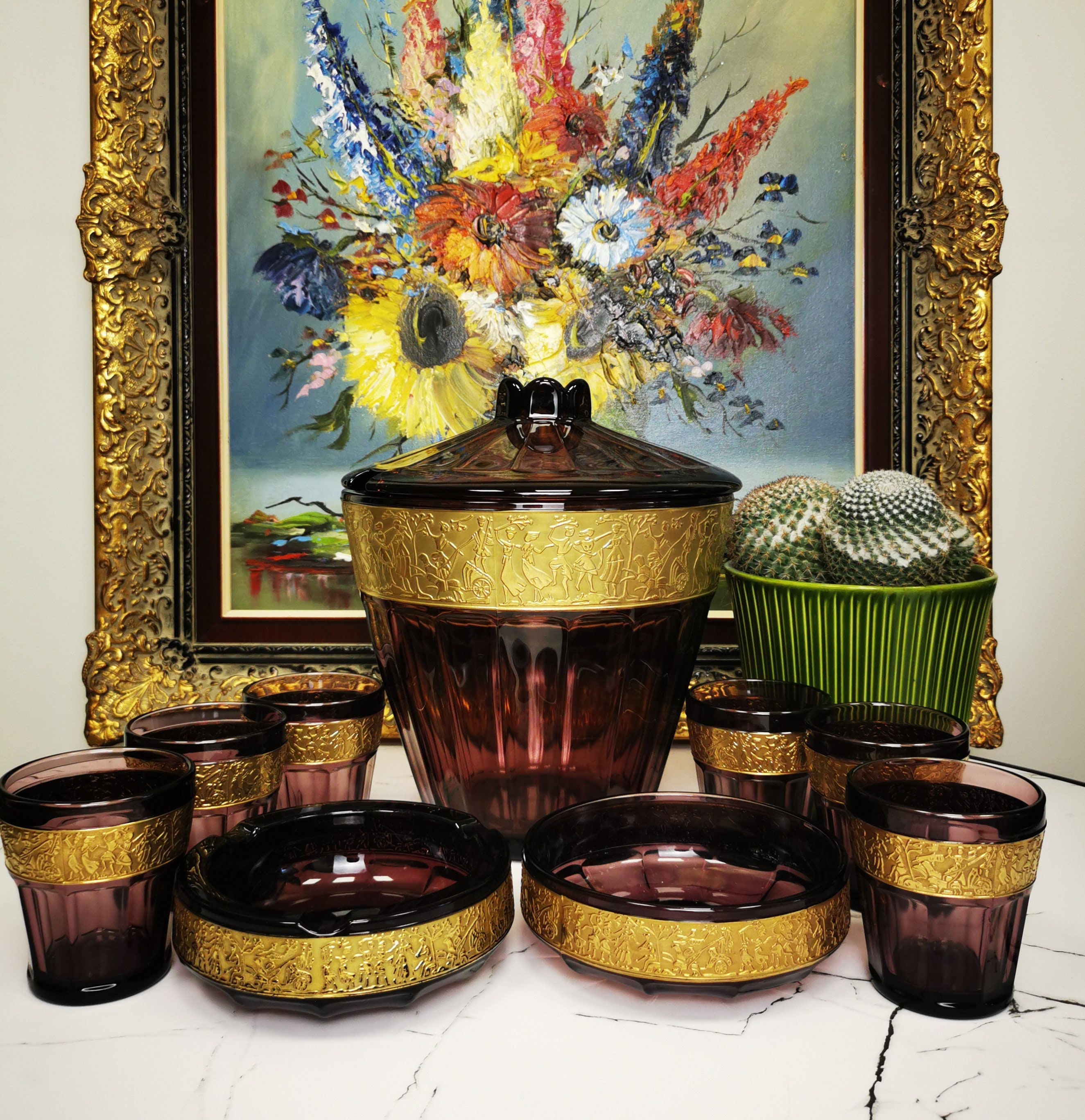 Vintage Walther Amethyst Glass Set With Gold Rim, Art Deco Germany
