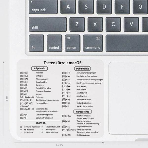 Aufkleber Tastenkürzel MacOS | Shortcuts MacBook transparent deutsch 8,5 x 8 cm