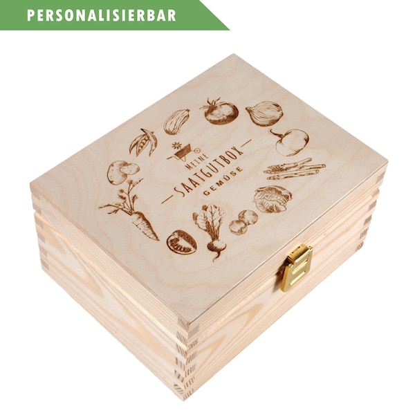 Saatgutbox Holz graviert | 12 Sorten Gemüse  mit Aussaat & Erntekalender | personalisierbar