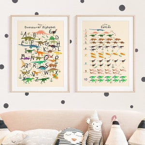 Poster Set Kinderzimmer ABC & Zahlen Dinosaurier | Alphabet deutsch