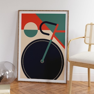 Dieses tolle Poster im Stil des Bauhauses zeigt ein minimalistisch dargestelltes Fahrrad in geometrischer Darstellung.