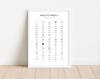 Può includere: Un poster in bianco e nero con il titolo "WASCHSYMBOLE" e il sottotitolo "INTEXTILIEN & KLEIDUNG". Il poster presenta una griglia di 40 simboli che rappresentano diverse istruzioni di cura del bucato.