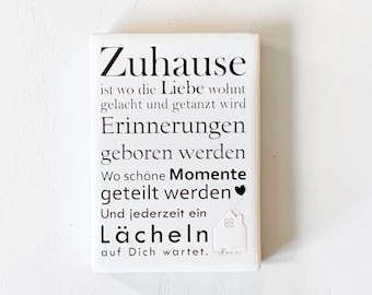 Ceramic fridge magnet with a saying about home | Housewarming gift, 7 x 5 cm | Kitchen decoration magnet | Love, memories, smile