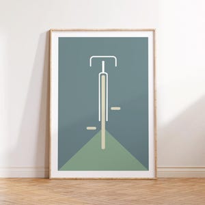 Minimalistisches Bauhaus Fahrrad Poster mit Fahrradmotiv – inspiriert vom Mid-Century-Modern-Stil, gedruckt auf hochwertigem 200 g/m² Fineart-Papier, ideal als zeitlose Wanddeko für moderne Wohnräume, Büros oder Designliebhaber.