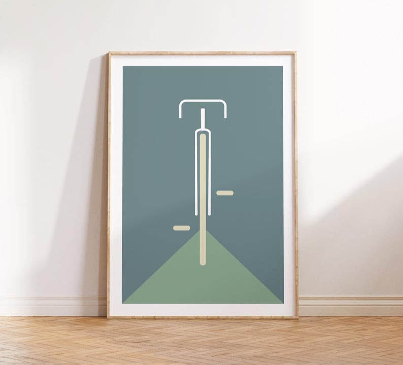 Minimalistisches Bauhaus Fahrrad Poster mit Fahrradmotiv – inspiriert vom Mid-Century-Modern-Stil, gedruckt auf hochwertigem 200 g/m² Fineart-Papier, ideal als zeitlose Wanddeko für moderne Wohnräume, Büros oder Designliebhaber.