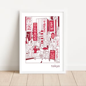 May include: A red and white illustration of a street scene in Tokyo, Japan. The illustration features buildings, signs, and people walking down the street. The text on the signs is in Japanese. The word "tokyo" is written in white at the bottom of the illustration.