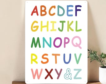 Magnetic metal sign for children's room | Learning poster ABC times tables planets clock shapes months | Montessori wall art A4 A3 tinplate