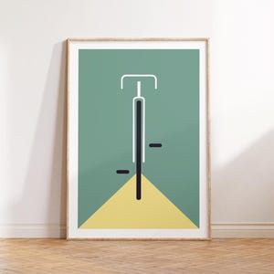 Minimalistisches Bauhaus Fahrrad Poster mit Fahrradmotiv – inspiriert vom Mid-Century-Modern-Stil, gedruckt auf hochwertigem 200 g/m² Fineart-Papier, ideal als zeitlose Wanddeko für moderne Wohnräume, Büros oder Designliebhaber.