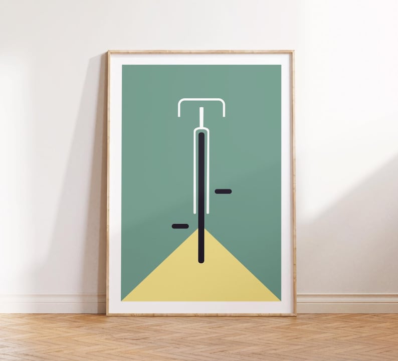 Minimalistisches Bauhaus Fahrrad Poster mit Fahrradmotiv – inspiriert vom Mid-Century-Modern-Stil, gedruckt auf hochwertigem 200 g/m² Fineart-Papier, ideal als zeitlose Wanddeko für moderne Wohnräume, Büros oder Designliebhaber.