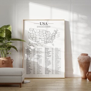 Diese minimalistische Karte der Vereinigten Staaten von Amerika zeigt dir alle 50 Bundesstaaten, inklusive Tabelle mit den Hauptstädten und Abkürzungen.