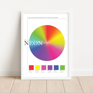May include: A white framed poster with the title "The Glowing History of Neon Colors". The poster features a rainbow color wheel with the word "NEON" in white text. Below the color wheel are swatches of red, yellow, pink, purple, blue, and green.