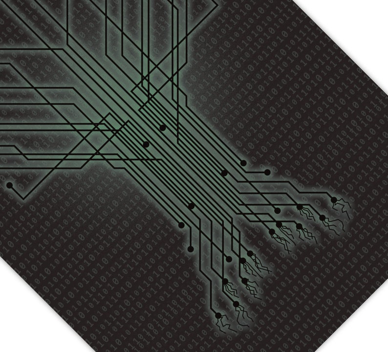 Das Computer-Poster zeigt einen Datenbaum mit hinterlegtem Binärcode.