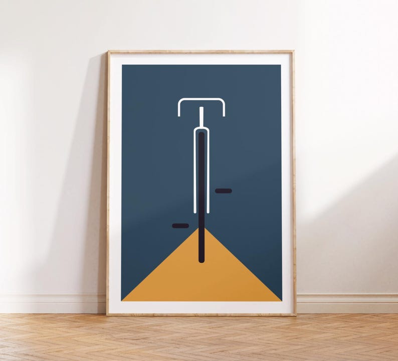 Minimalistisches Bauhaus Fahrrad Poster mit Fahrradmotiv – inspiriert vom Mid-Century-Modern-Stil, gedruckt auf hochwertigem 200 g/m² Fineart-Papier, ideal als zeitlose Wanddeko für moderne Wohnräume, Büros oder Designliebhaber.
