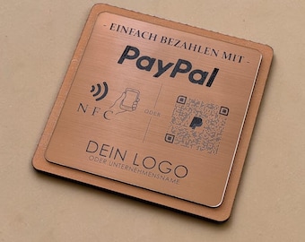 Wooden PayPal display stand with NFC & QR code | Personalized with logo | Contactless payment table stand, gold or rose gold (10 x 10 cm)