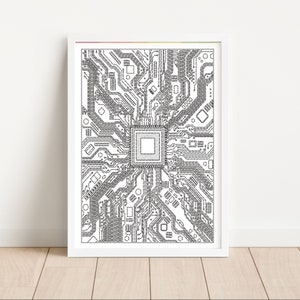 Könnte beinhalten: Eine Schwarzweißillustration einer Leiterplatte mit einem zentralen Prozessor. Das Design ist kompliziert und detailliert und ähnelt einem komplexen Netzwerk aus Linien und Formen.