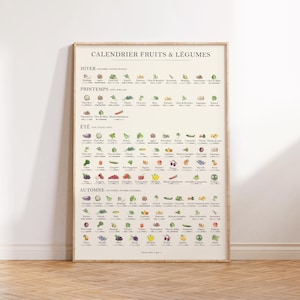Dieses Poster eines Saisonkalenders für Obst und Gemüse auf französisch zeigt dir verschiedene Obst und Gemüse Pflanzen. Unter jeder Pflanze ist eine kleine Grafik zusehen, die dir verrät, wann welche Pflanze saisonal verfügbar ist.