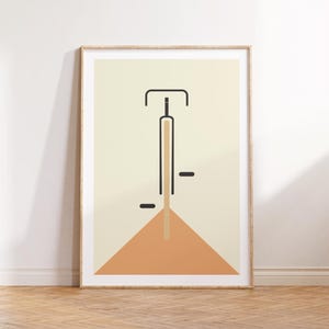 Minimalistisches Bauhaus Fahrrad Poster mit Fahrradmotiv – inspiriert vom Mid-Century-Modern-Stil, gedruckt auf hochwertigem 200 g/m² Fineart-Papier, ideal als zeitlose Wanddeko für moderne Wohnräume, Büros oder Designliebhaber.