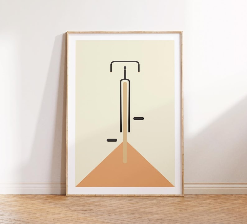Minimalistisches Bauhaus Fahrrad Poster mit Fahrradmotiv – inspiriert vom Mid-Century-Modern-Stil, gedruckt auf hochwertigem 200 g/m² Fineart-Papier, ideal als zeitlose Wanddeko für moderne Wohnräume, Büros oder Designliebhaber.