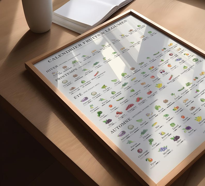 Dieses Poster eines Saisonkalenders für Obst und Gemüse auf französisch zeigt dir verschiedene Obst und Gemüse Pflanzen. Unter jeder Pflanze ist eine kleine Grafik zusehen, die dir verrät, wann welche Pflanze saisonal verfügbar ist.