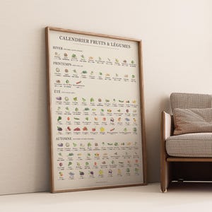 Dieses Poster eines Saisonkalenders für Obst und Gemüse auf französisch zeigt dir verschiedene Obst und Gemüse Pflanzen. Unter jeder Pflanze ist eine kleine Grafik zusehen, die dir verrät, wann welche Pflanze saisonal verfügbar ist.