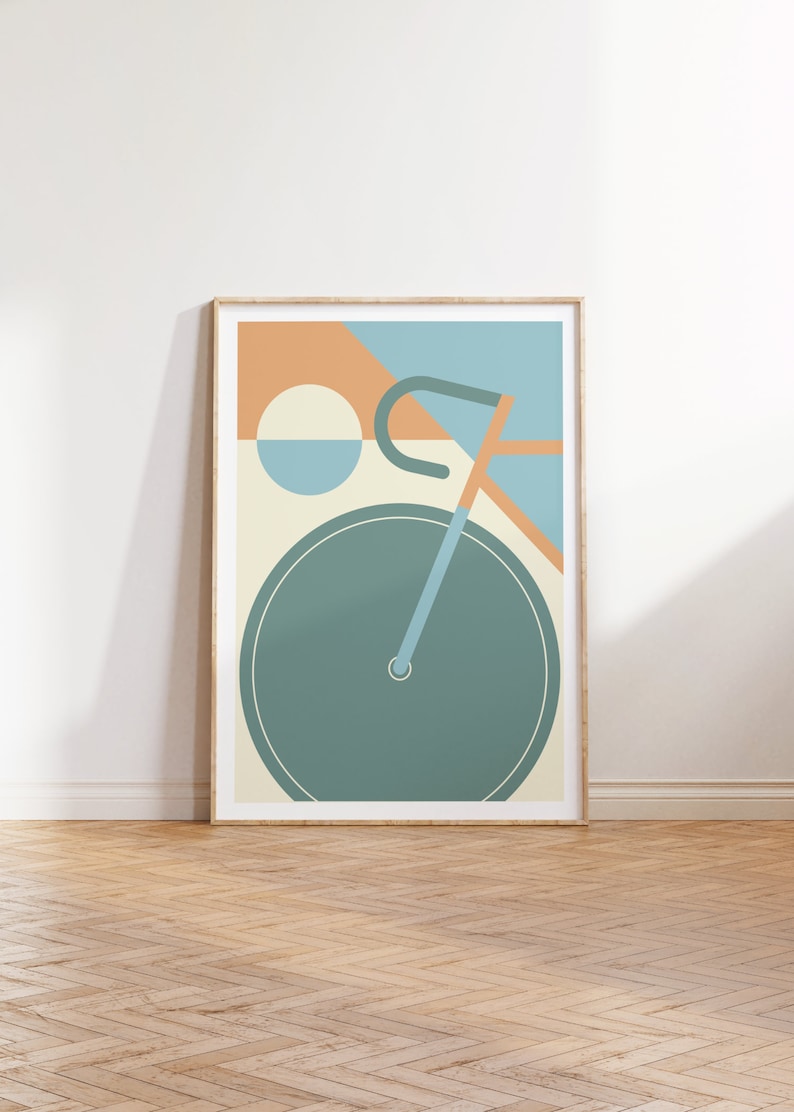 Dieses tolle Poster im Stil des Bauhauses zeigt ein minimalistisch dargestelltes Fahrrad in geometrischer Darstellung.