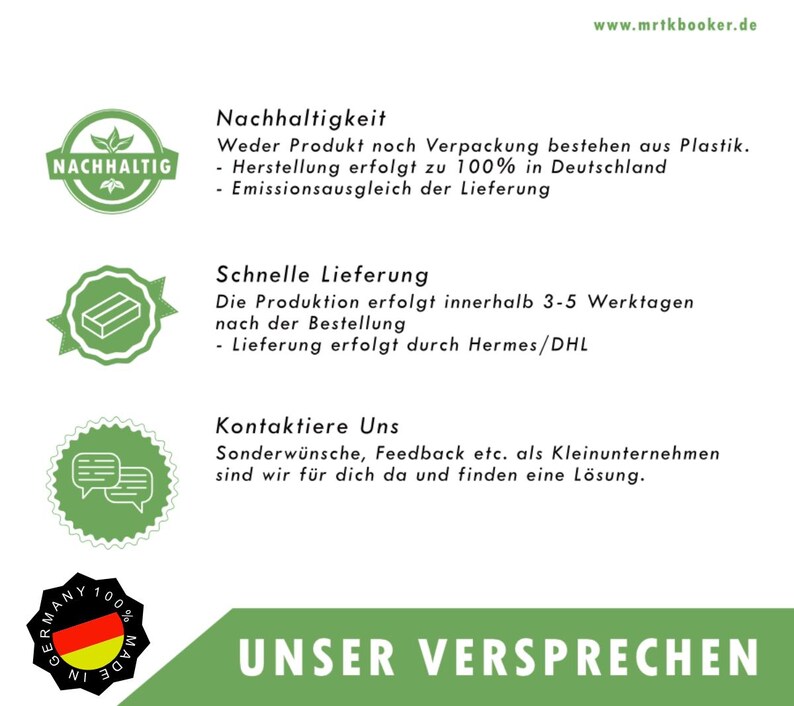 Op de afbeelding: Groene en witte afbeelding met de tekst "NACHHALTIG" in een cirkel. De tekst "UNSER VERSPRECHEN" staat in grote groene letters. De tekst hieronder beschrijft de toewijding van het bedrijf aan duurzaamheid, snelle verzending en klantenservice.