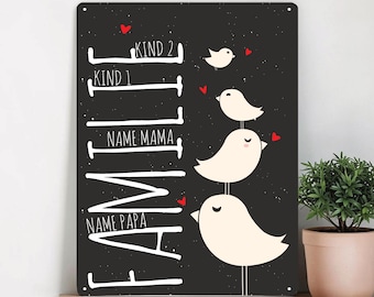 Personalized metal family sign with names, tin sign with birds and hearts, magnetic wall family sign A4 A3, housewarming gift, family decoration