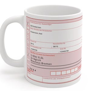 May include: White ceramic mug with a handle, featuring a prescription-style design in red and black. The text includes German phrases and a reference to "Brauhaus Bremen". The mug is designed for a 0.5L serving.