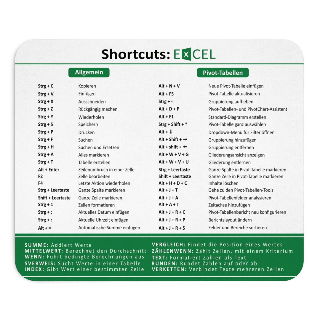 Mousepad Excel Shortcuts German Green 22 X 19 Cm - Etsy UK