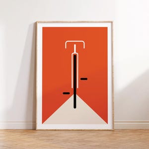Minimalistisches Bauhaus Fahrrad Poster mit Fahrradmotiv – inspiriert vom Mid-Century-Modern-Stil, gedruckt auf hochwertigem 200 g/m² Fineart-Papier, ideal als zeitlose Wanddeko für moderne Wohnräume, Büros oder Designliebhaber.