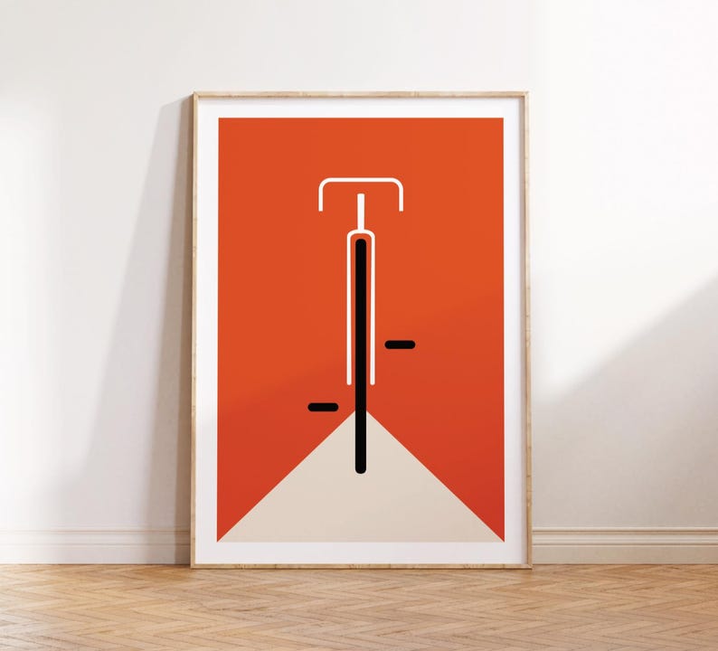 Minimalistisches Bauhaus Fahrrad Poster mit Fahrradmotiv – inspiriert vom Mid-Century-Modern-Stil, gedruckt auf hochwertigem 200 g/m² Fineart-Papier, ideal als zeitlose Wanddeko für moderne Wohnräume, Büros oder Designliebhaber.