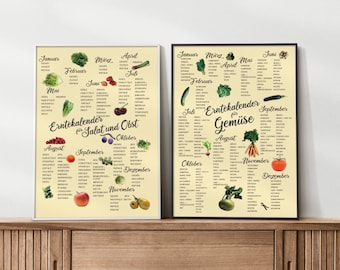 Set di poster con calendario da giardino | Calendario stagionale per verdure, frutta e insalata | Decorazione murale per la cucina e l'orto